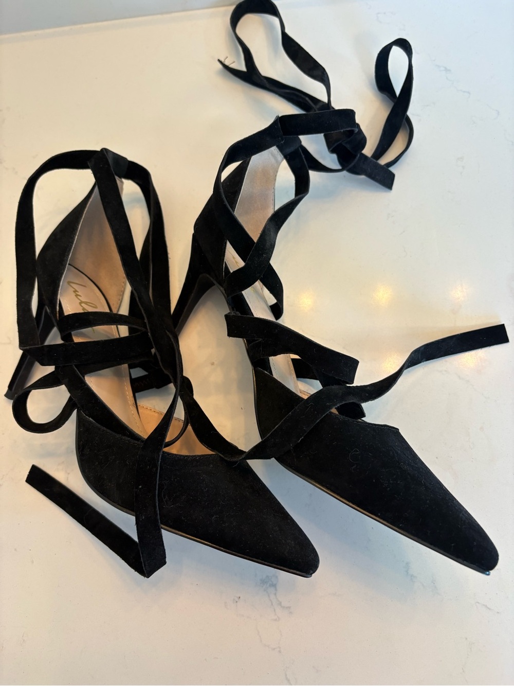 Lulus Black Suede Lace-Up Pointed Toe Stiletto Heels | Size 9